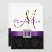 紫色の白黒のダマスク織の保存日付 セーブザデート (正面/裏面)