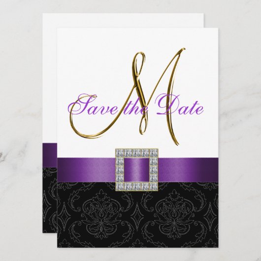 紫色の白黒のダマスク織の保存日付 セーブザデート (正面/裏面)
