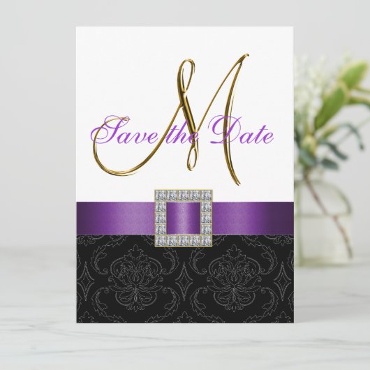 紫色の白黒のダマスク織の保存日付 セーブザデート (スタンド正面)