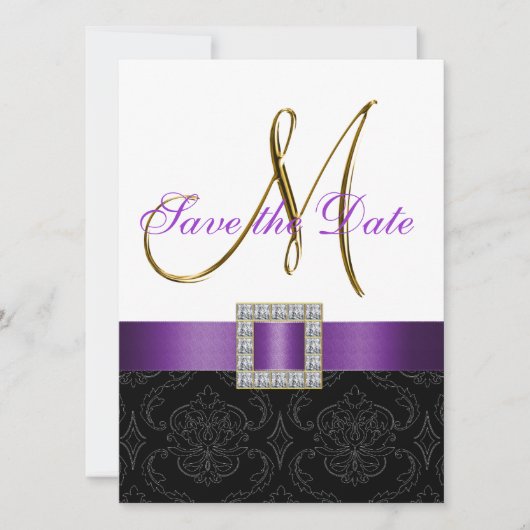 紫色の白黒のダマスク織の保存日付 セーブザデート (正面)