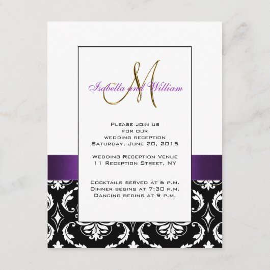 紫色の白黒のダマスク織の結婚披露宴カード エンクロージャーカード (裏面)