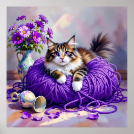 紫色の目をした猫と紫色の毛糸と花 ポスター