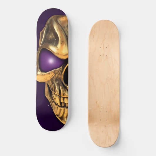 紫色の目を白熱［赤熱］光を放つ持つ金ゴールドスカル スケートボード (正面)