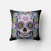 紫色の砂糖スカル(花あり) クッション (裏面)