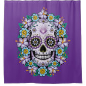 紫色の砂糖スカル（花あり） シャワーカーテン (正面)