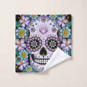 紫色の砂糖スカル(花あり) バスタオルセット (ウォッシュタオル)