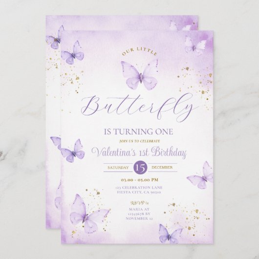 紫色の私たちの小さな蝶は1つの金ゴールドを回している 招待状 (正面/裏面)