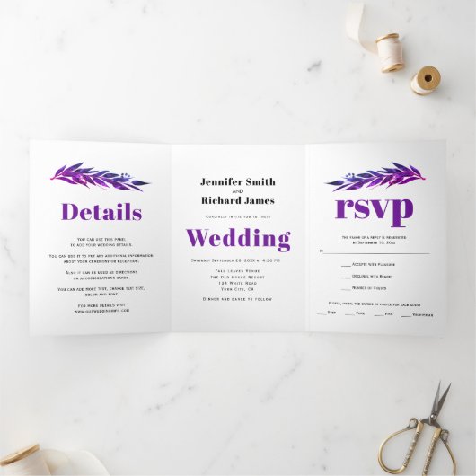 紫色の秋のユーカリの結婚枝 三つ折り招待状 (内部)