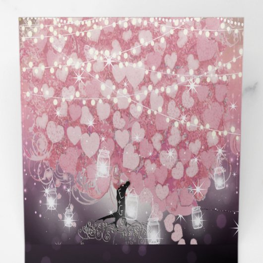 紫色の粉末ピンクと黒のハートの結婚葉 三つ折り招待状 (内部最初)