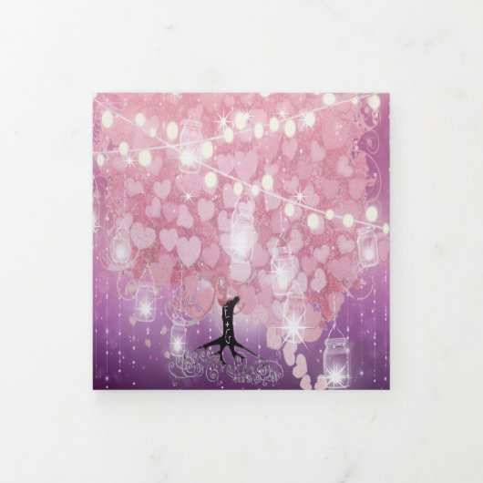 紫色の粉末ピンクと黒のハートの結婚葉 三つ折り招待状 (カバー)