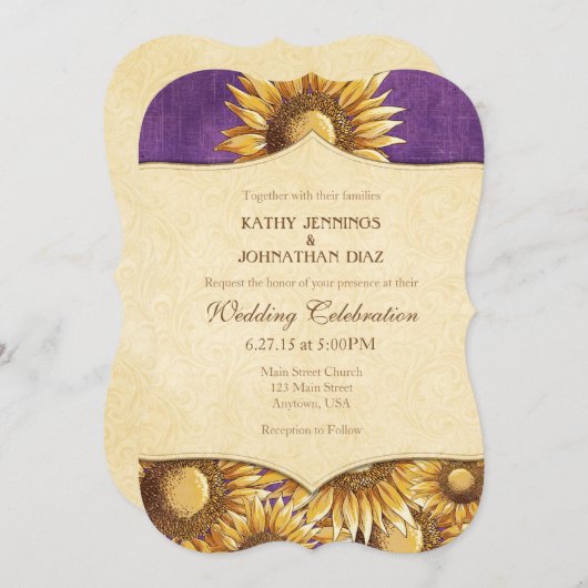 紫色の素朴なヒマワリの結婚式招待状 招待状 (正面/裏面)