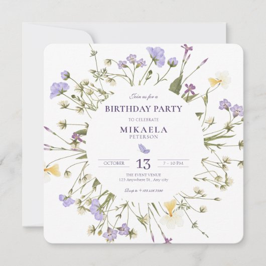 紫色の素朴なワイルドフラワーリスト 招待状 (正面)