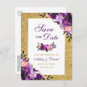 紫色の紫のフローラ金ゴールドグリッター日付の保存 案内ポストカード (正面/裏面)
