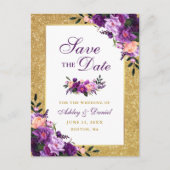紫色の紫のフローラ金ゴールドグリッター日付の保存 案内ポストカード (正面)