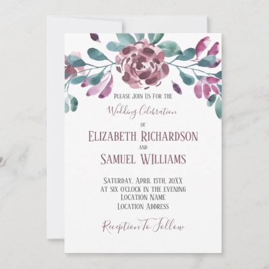 紫色の紫の牡丹の水の色の水玉模様バック 招待状 (正面)