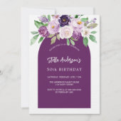 紫色の紫の花模様の豪華な誕生日 招待状 (正面)