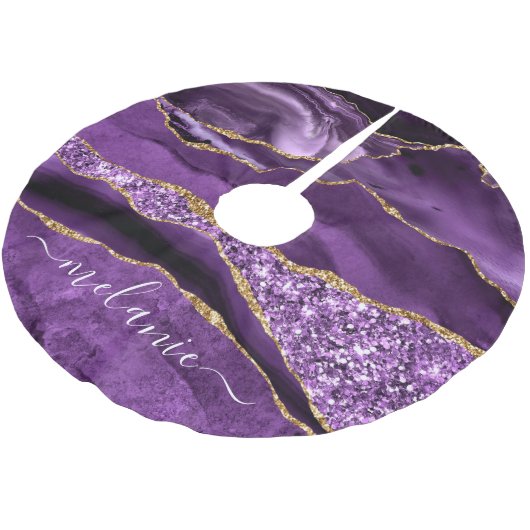 紫色の紫の金ゴールドあなたの名前クリスマスツリースカート ブラッシュドポリエステルツリースカート (アングル)