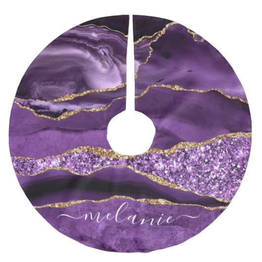 紫色の紫の金ゴールドあなたの名前クリスマスツリースカート ブラッシュドポリエステルツリースカート (正面)