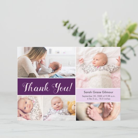 紫色の紫カスタム色の赤ちゃん女の子の写真コラージュ サンキューカード (スタンド正面)