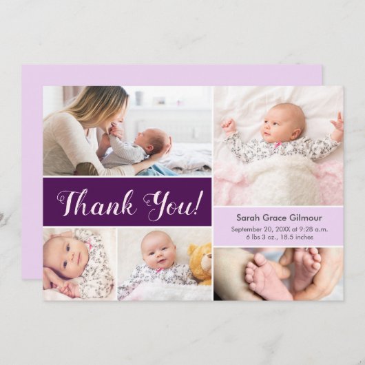 紫色の紫カスタム色の赤ちゃん女の子の写真コラージュ サンキューカード (正面/裏面)