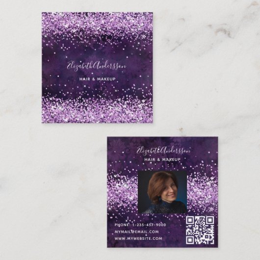 紫色の紫色のプロファイル写真のqrコード スクエア名刺 (正面/裏面)