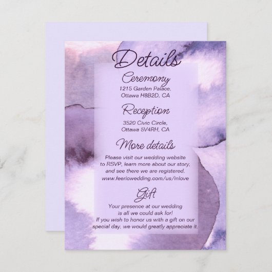 紫色の紫色のラベンダー結婚の詳細 エンクロージャーカード (正面/裏面)
