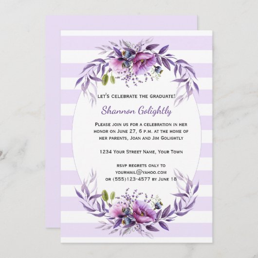 紫色の紫色の花々ストライプのグラードパーティー 招待状 (正面/裏面)