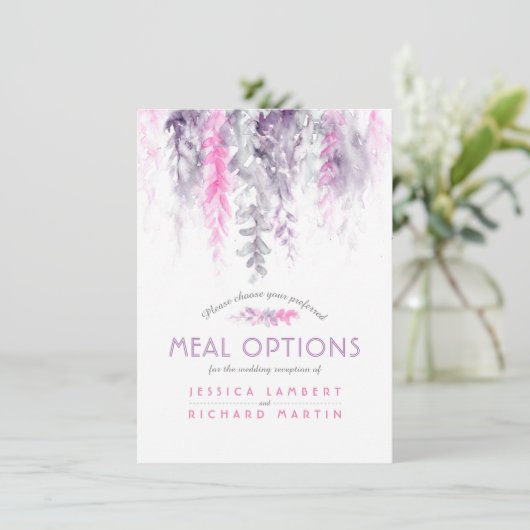 紫色の結婚ピンク色の花のカスケードメニューのオプション エンクロージャーカード (スタンド正面)