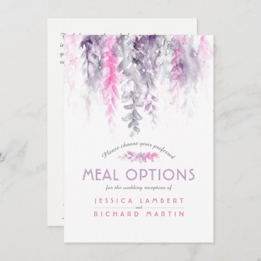 紫色の結婚ピンク色の花のカスケードメニューのオプション エンクロージャーカード (正面/裏面)