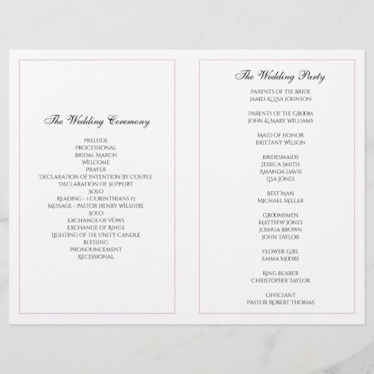 紫色の結婚式のプログラムを折った。教会の儀式 (裏面)