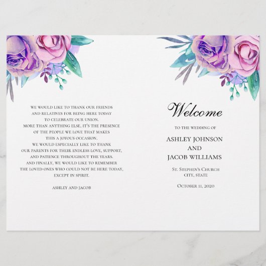 紫色の結婚式のプログラムを折った。薄紫花 (正面)