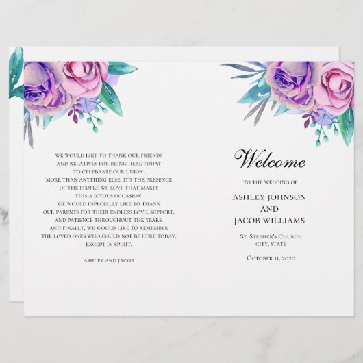 紫色の結婚式のプログラムを折った。薄紫花 (正面/裏面)