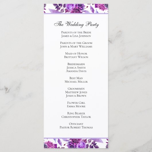 紫色の結婚式のプログラム。水彩フローラ プログラム (裏面)