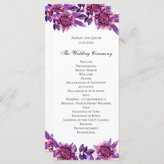 紫色の結婚式のプログラム。水彩花式 プログラム (正面/裏面)