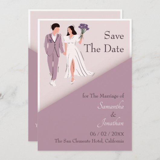 紫色の結婚式の漫画のカップル日付を保存 招待状 (正面/裏面)