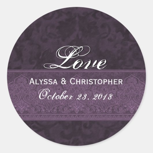 紫色の結婚式愛ダマスク織およびリボン 楕円形シール (正面)