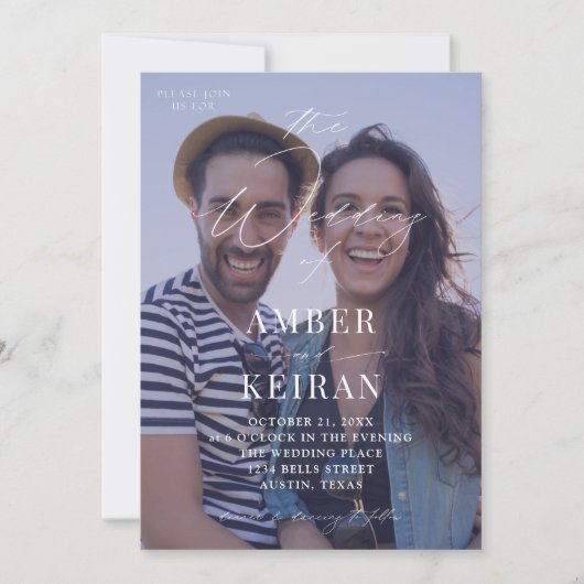 紫色の網掛け結婚写真 招待状 (正面)