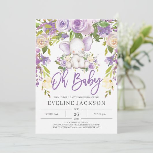 紫色の緑のかわいいゾウああ赤ちゃんシャワー 招待状 (スタンド正面)