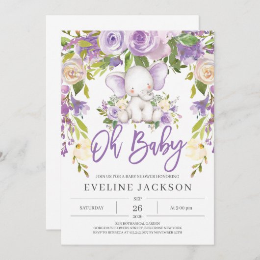 紫色の緑のかわいいゾウああ赤ちゃんシャワー 招待状 (正面/裏面)