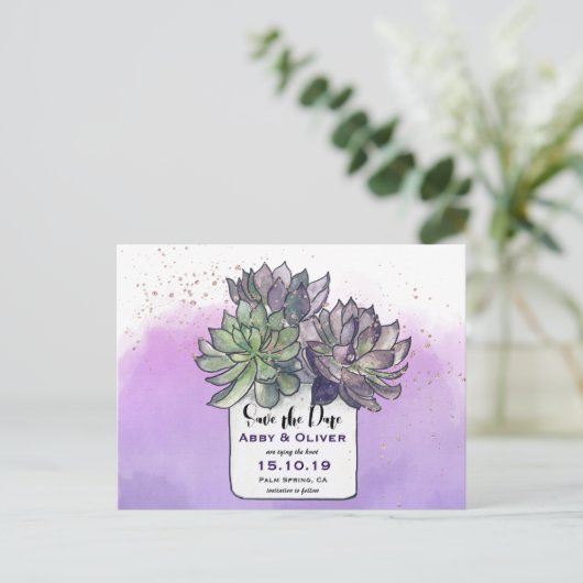 紫色の緑のサボテン多肉写真の保存日付 案内ポストカード (スタンド正面)