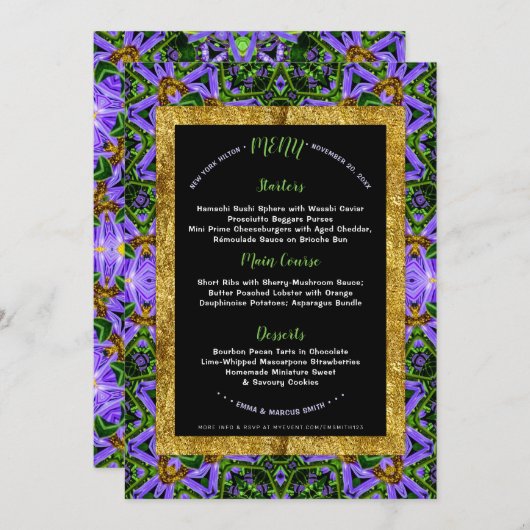 紫色の緑のジオメトリのエネルギー特殊イベントメニューTa 招待状 (正面/裏面)