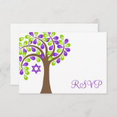 紫色の緑のバルミツワーRSVPモダンな生命の樹 出欠カード (正面/裏面)