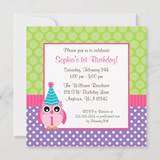 紫色の緑のフクロウの水玉模様の第1誕生日の女の子の写真 招待状 (裏面)