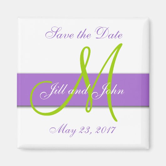 紫色の緑のモノグラム日付磁石を保存 マグネット (正面)
