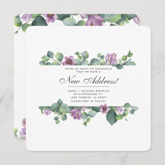 紫色の緑のユーカリ葉スの新しい住所の移動 案内状 (正面/裏面)