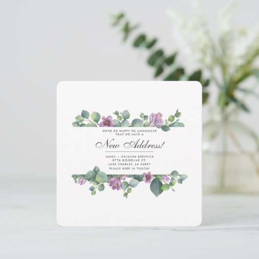 紫色の緑のユーカリ葉スの新しい住所の移動 案内状 (スタンド正面)