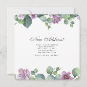 紫色の緑のユーカリ葉スの新しい住所の移動 案内状 (裏面)