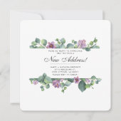 紫色の緑のユーカリ葉スの新しい住所の移動 案内状 (正面)