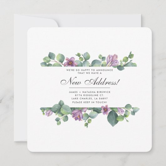 紫色の緑のユーカリ葉スの新しい住所の移動 案内状 (正面)