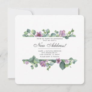 紫色の緑のユーカリ葉スの新しい住所の移動 案内状